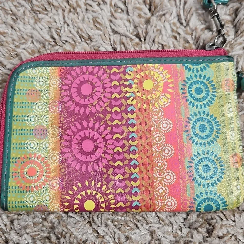 Fossil Pink & Green Boho Chic Zip Wristlet Clutch